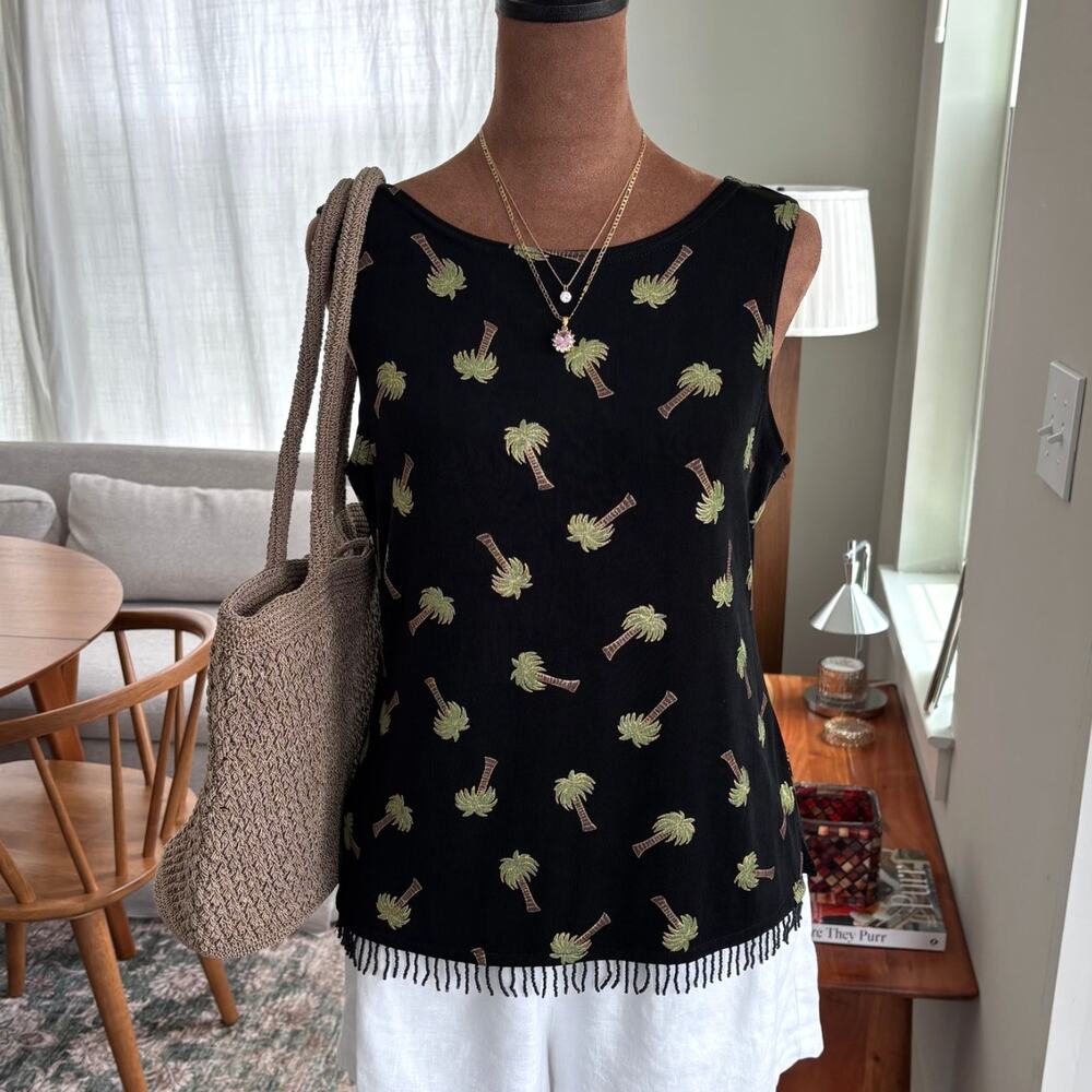 90s Vintage‎ Ronni Nicole Tropical Palm Tree Beaded Fringe Tank Top Petite 8P